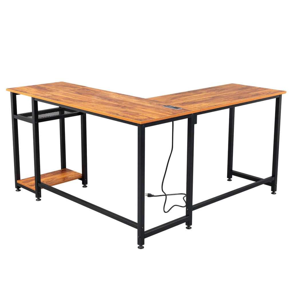 Black L-Shaped Computer Desk with USB Charging Station I346