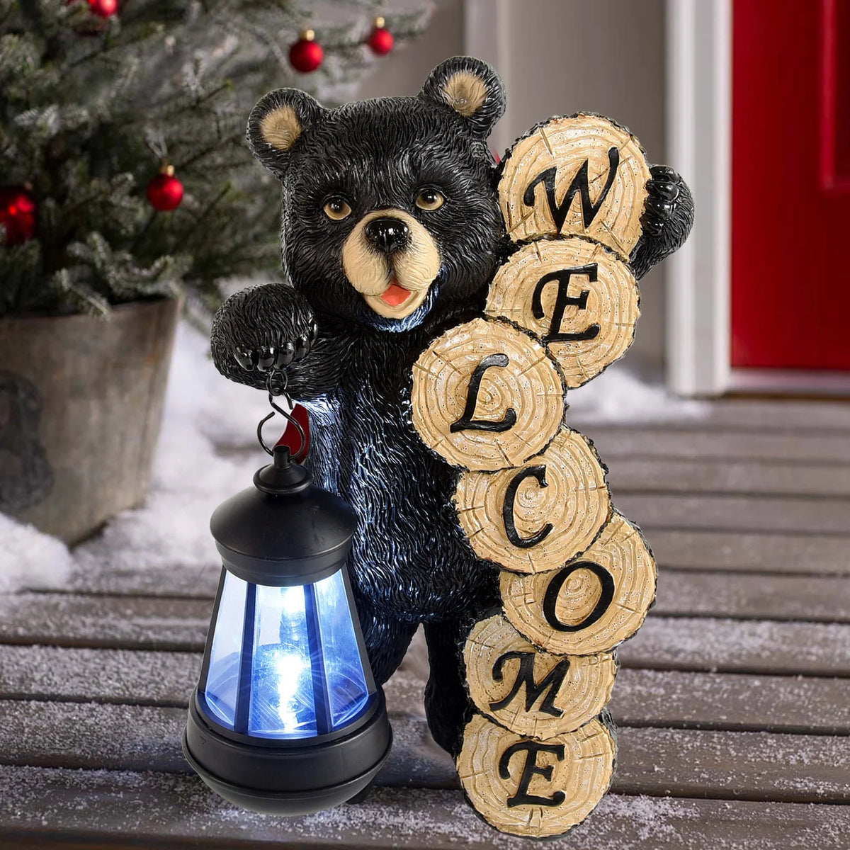Large Black Bear Statue with Solar Lantern Light K2701