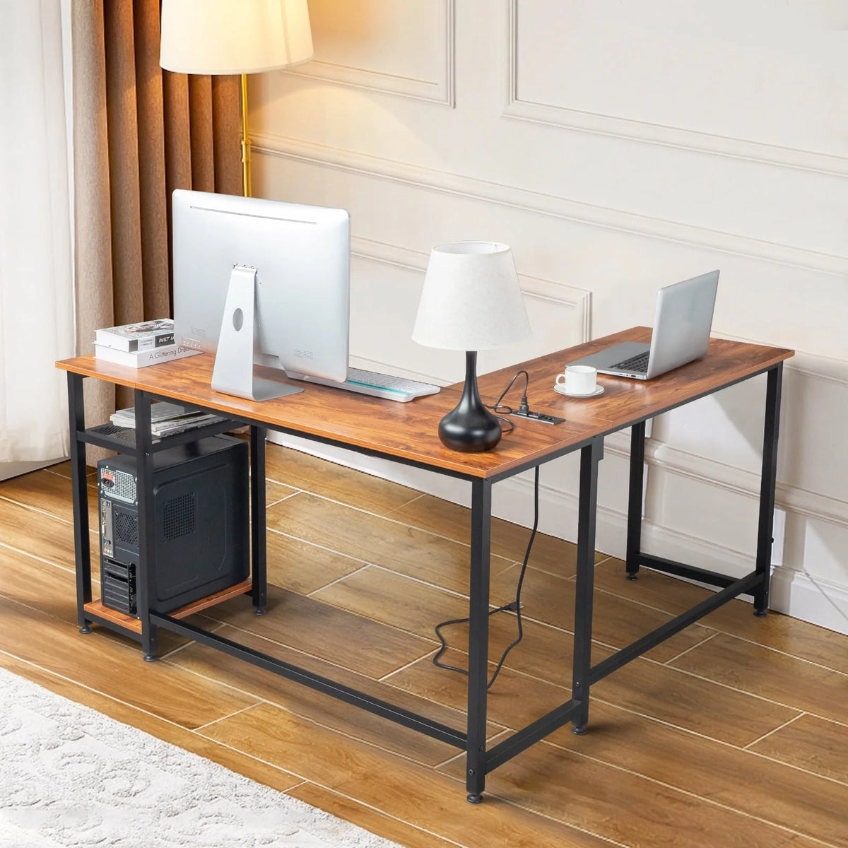 Black L-Shaped Computer Desk with USB Charging Station I346