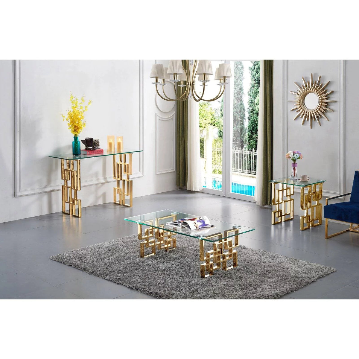 Stainless Steel Glass Top End Table with Gold Base C2008