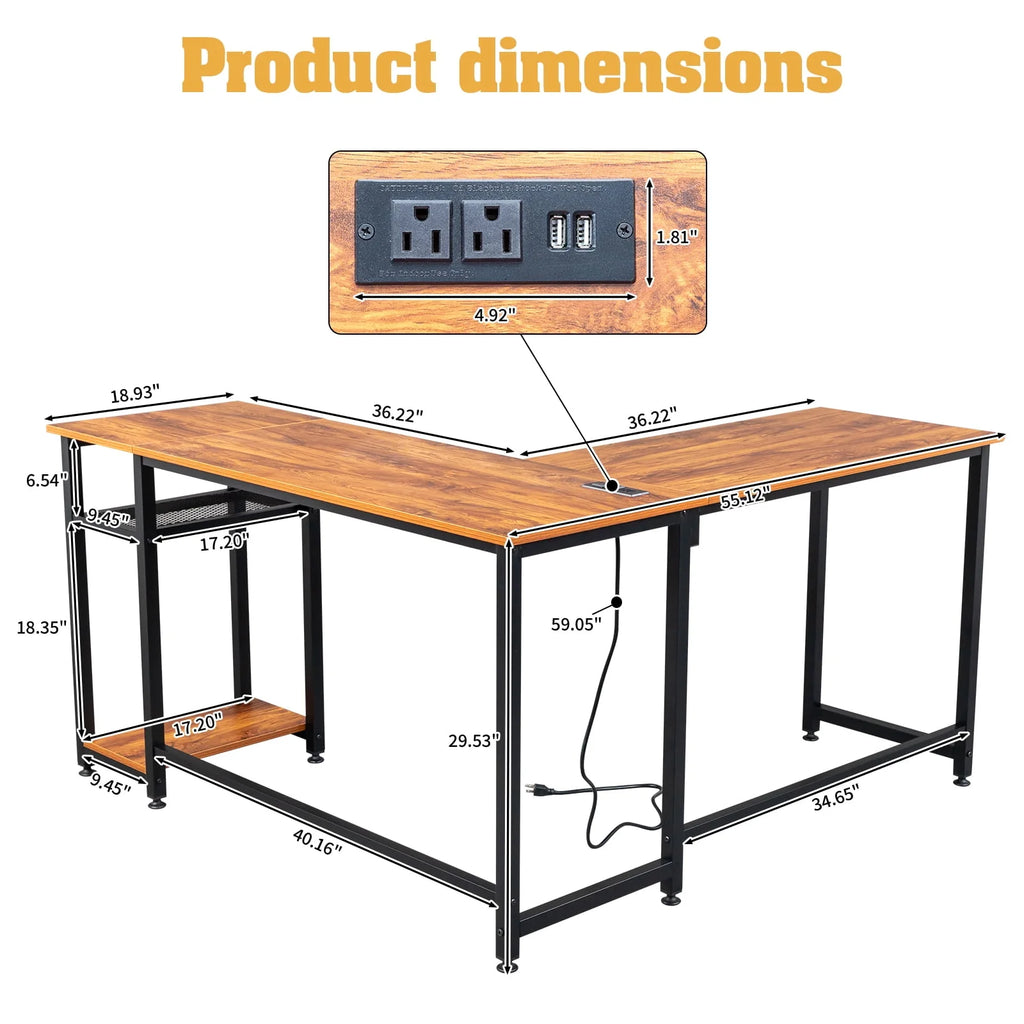 Black L-Shaped Computer Desk with USB Charging Station I346