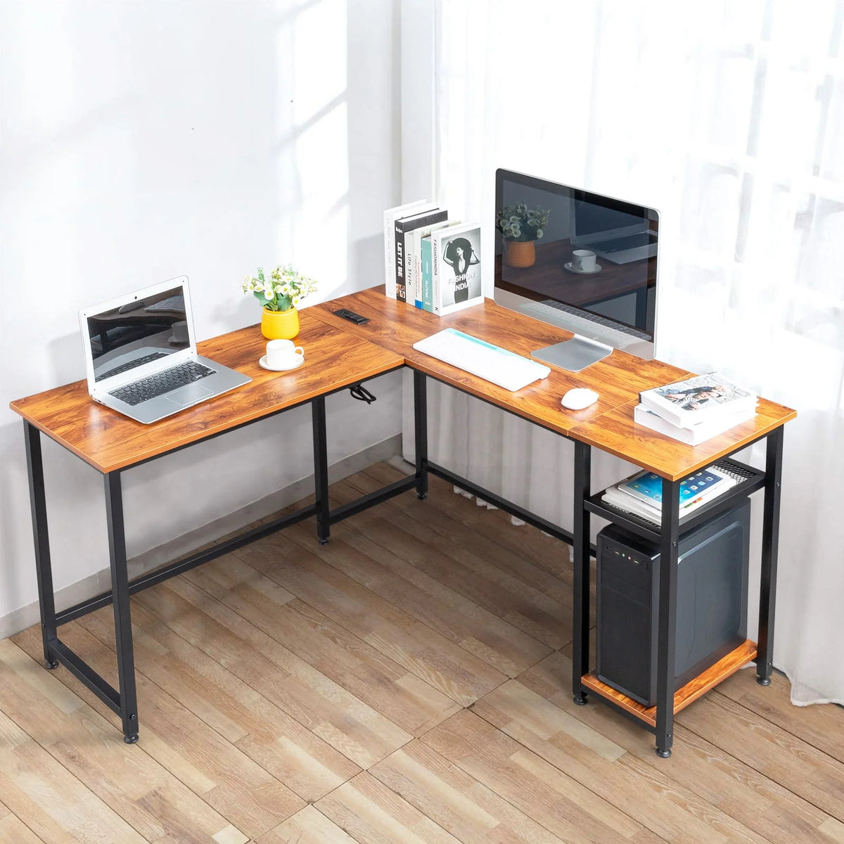Black L-Shaped Computer Desk with USB Charging Station I346