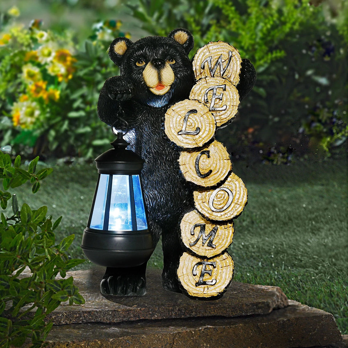 Large Black Bear Statue with Solar Lantern Light K2701