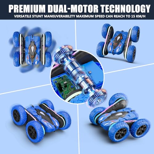 Remote Control Car with LED-Strips, 360° Flips Stunt Toy Cars, 40 Min Playtime with Dual Batteries & Extra Tires G973