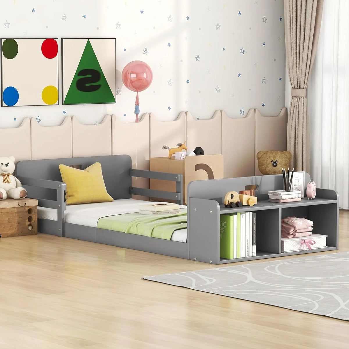 Wood Floor Bed with Guardrail and Storage Footboard C791