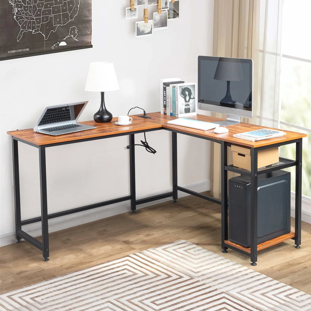 Black L-Shaped Computer Desk with USB Charging Station I346