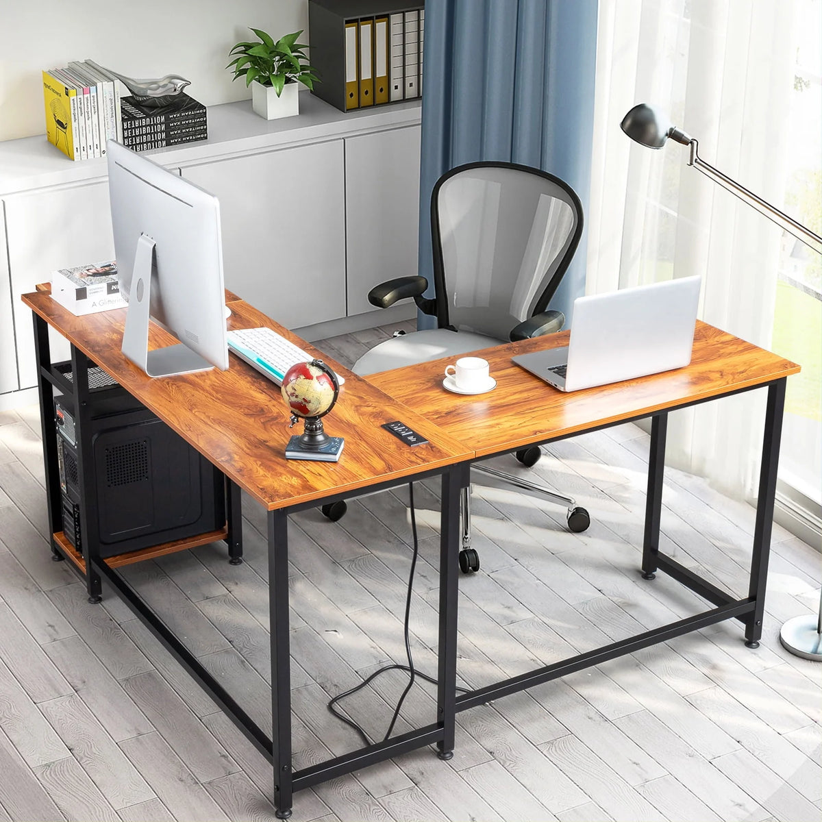Black L-Shaped Computer Desk with USB Charging Station I346