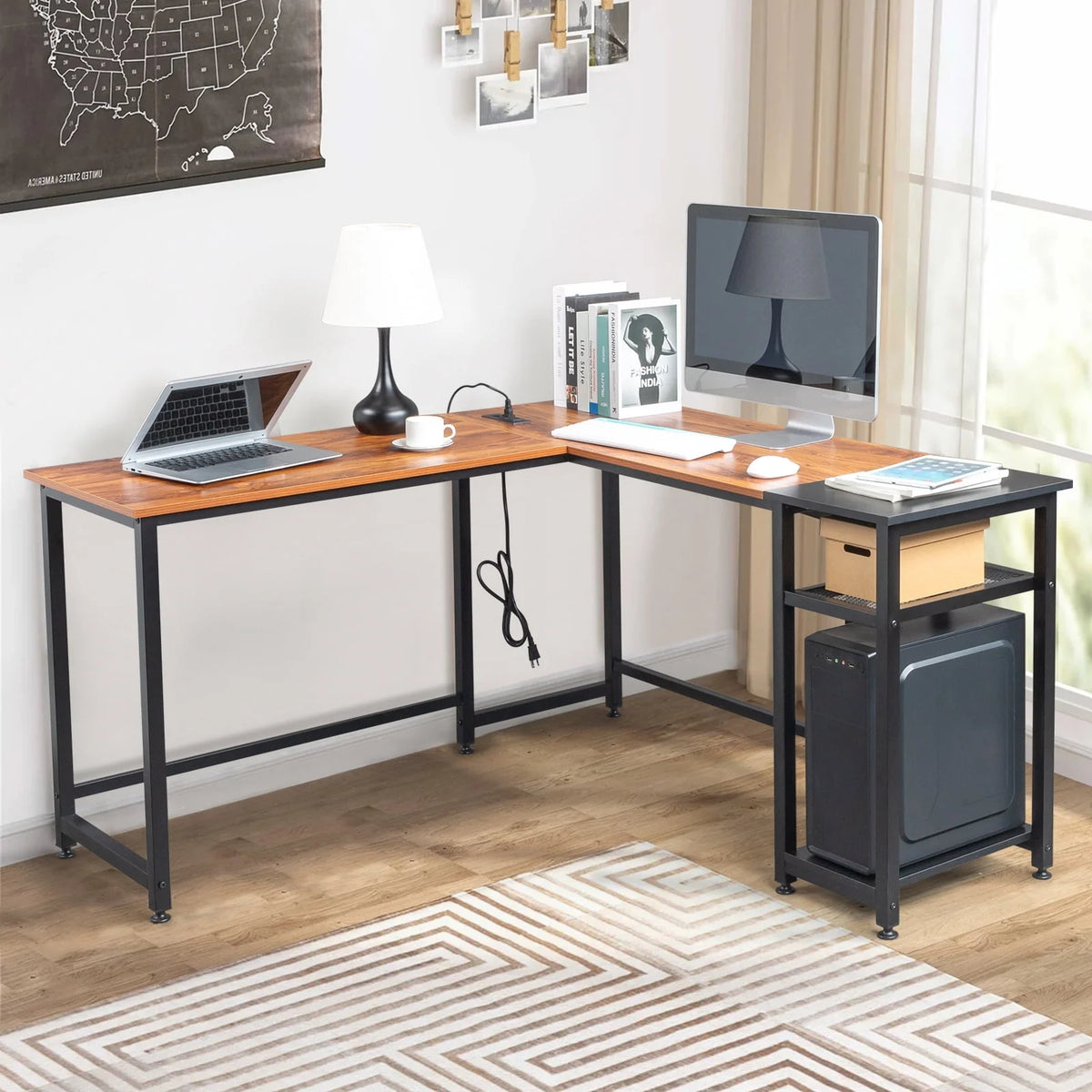 Black L-Shaped Computer Desk with USB Charging Station I346