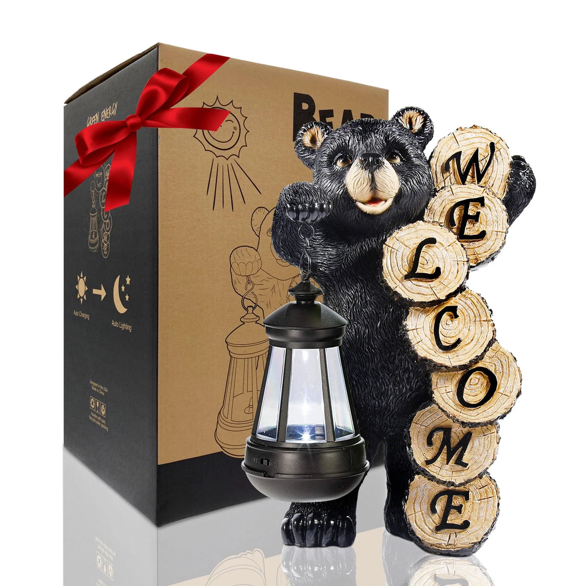Large Black Bear Statue with Solar Lantern Light K2701
