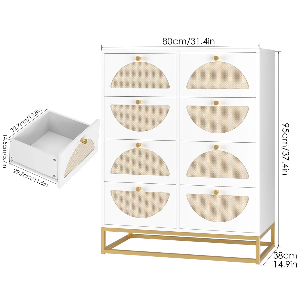 White 8 Drawer Rattan Wood Dresser D27010