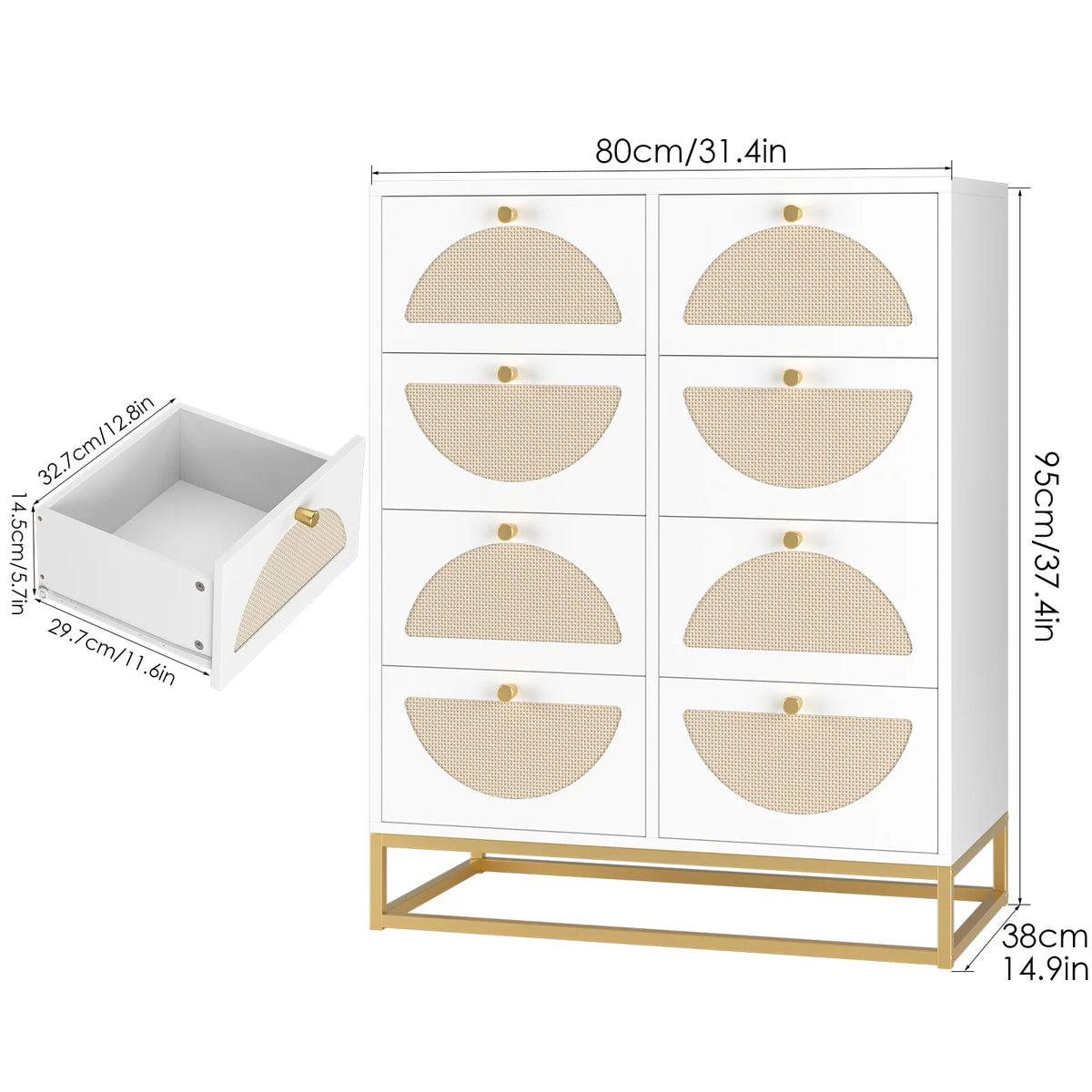 White 8 Drawer Rattan Wood Dresser D27010