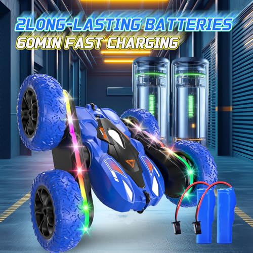Remote Control Car with LED-Strips, 360° Flips Stunt Toy Cars, 40 Min Playtime with Dual Batteries & Extra Tires G973