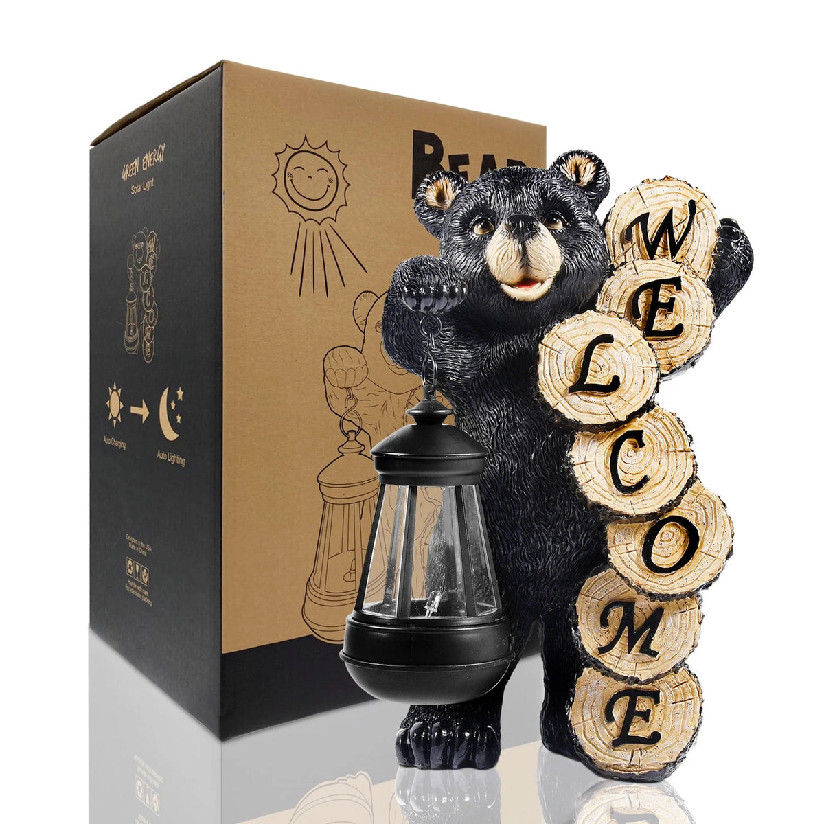 Large Black Bear Statue with Solar Lantern Light K2701