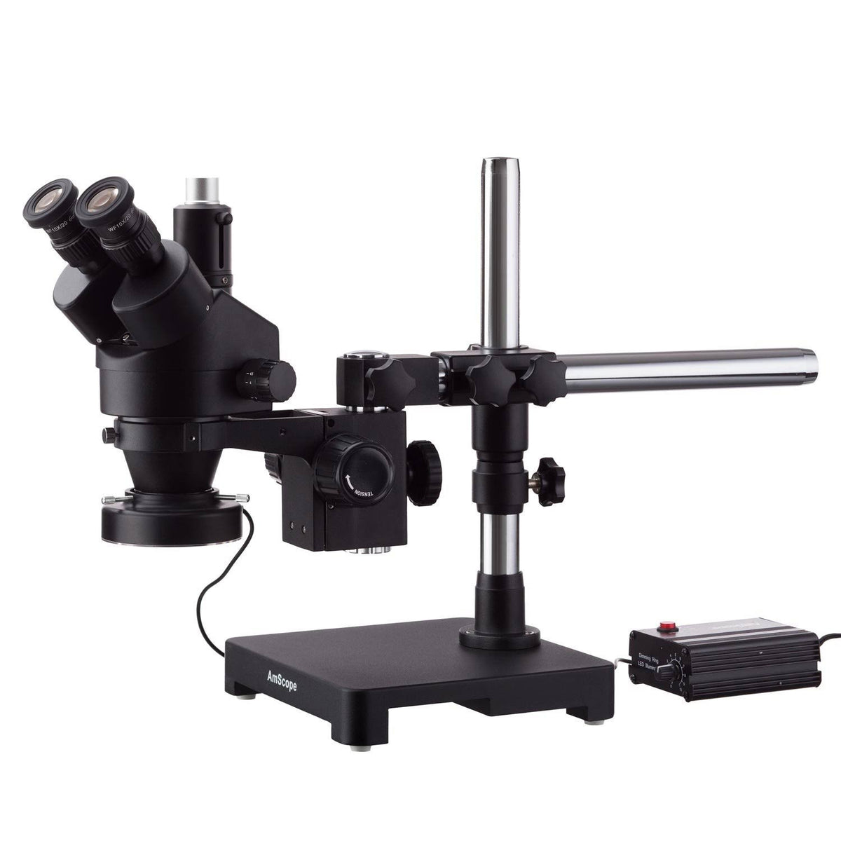 Black Trinocular Stereo Zoom Microscope on Single Arm Boom Stand with 80-LED Ring Light H97931