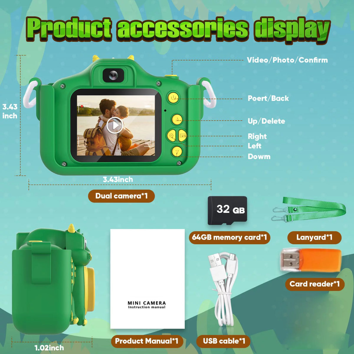 Dinosaur Digital Camera Toy for Children Dual 2.0inch 32GB Card Green N355714