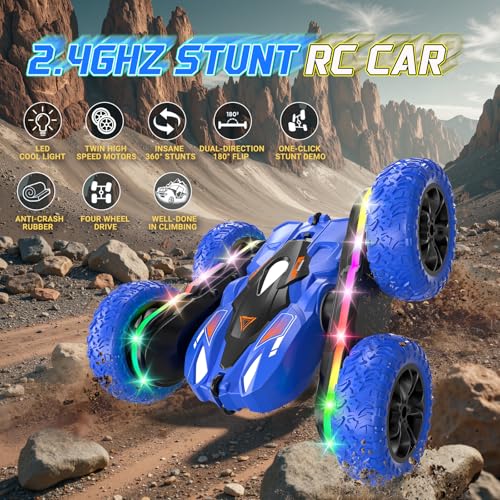 Remote Control Car with LED-Strips, 360° Flips Stunt Toy Cars, 40 Min Playtime with Dual Batteries & Extra Tires G973