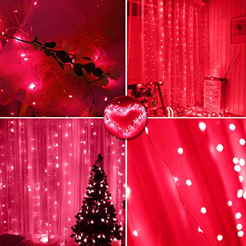 300 LED Curtain Christmas String Lights with Remote Control USB Power 8 Lighting Modes Red Lights 9.8ft x 9.8ft K9551