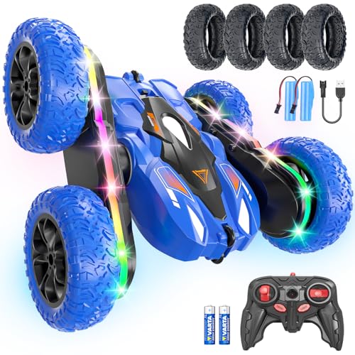 Remote Control Car with LED-Strips, 360° Flips Stunt Toy Cars, 40 Min Playtime with Dual Batteries & Extra Tires G973