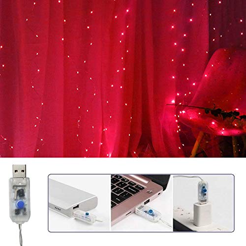 300 LED Curtain Christmas String Lights with Remote Control USB Power 8 Lighting Modes Red Lights 9.8ft x 9.8ft K9551