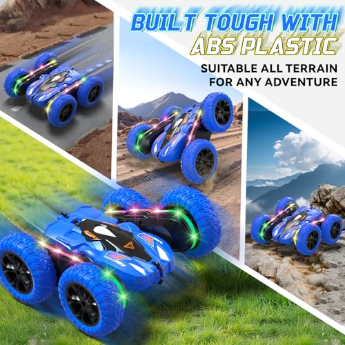 Remote Control Car with LED-Strips, 360° Flips Stunt Toy Cars, 40 Min Playtime with Dual Batteries & Extra Tires G973