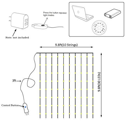 300 LED Curtain Christmas String Lights with Remote Control USB Power 8 Lighting Modes Red Lights 9.8ft x 9.8ft K9551