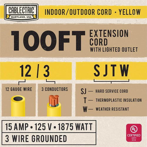 100 Ft 12 Gauge Heavy Duty Yellow Extension Cord C438