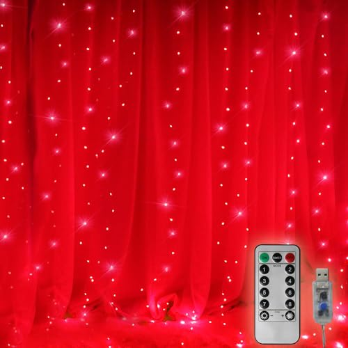 300 LED Curtain Christmas String Lights with Remote Control USB Power 8 Lighting Modes Red Lights 9.8ft x 9.8ft K9551