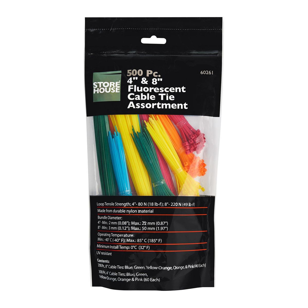 Fluorescent Cable Tie Assortment, 500 Pack S510429