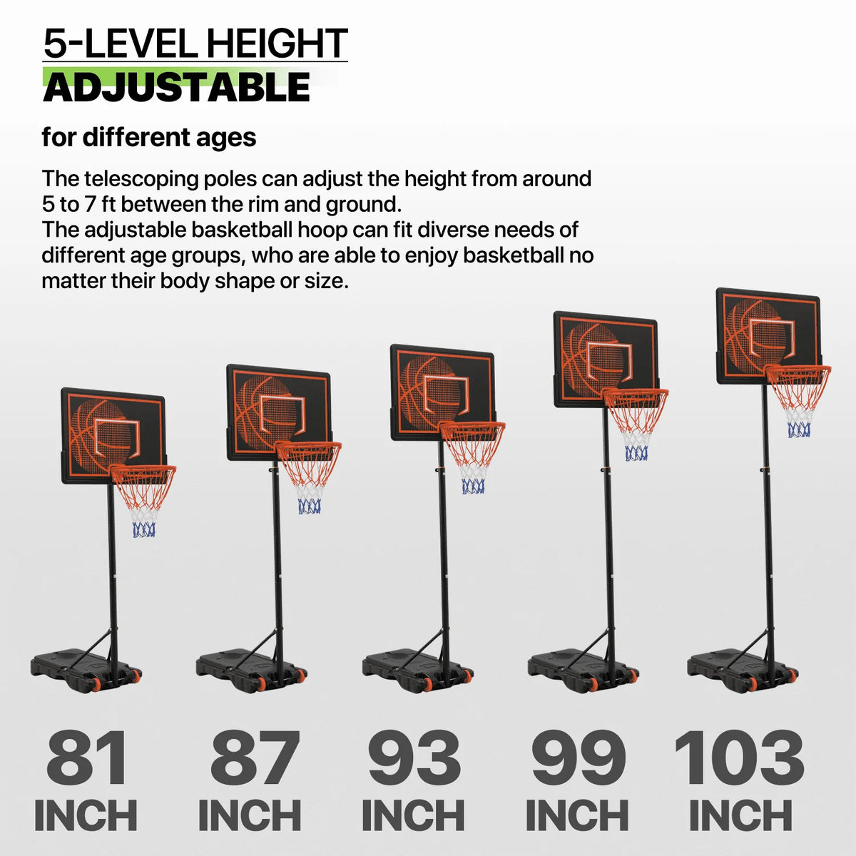 Portable Basketball Hoop 5-7ft Adjustable with Wheels & Base N23863
