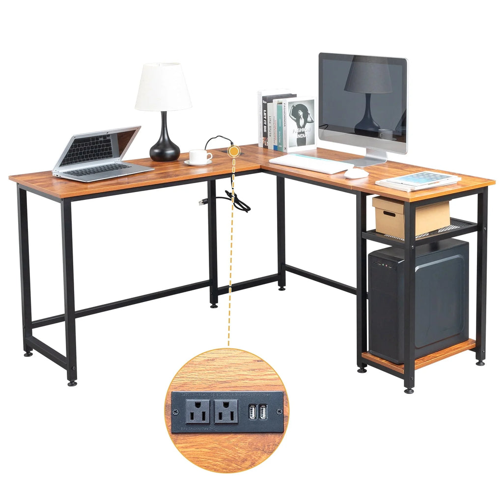 Black L-Shaped Computer Desk with USB Charging Station I346