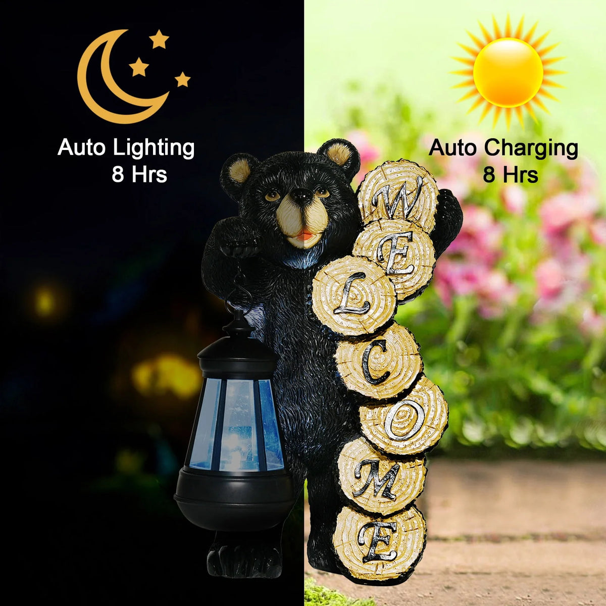 Large Black Bear Statue with Solar Lantern Light K2701