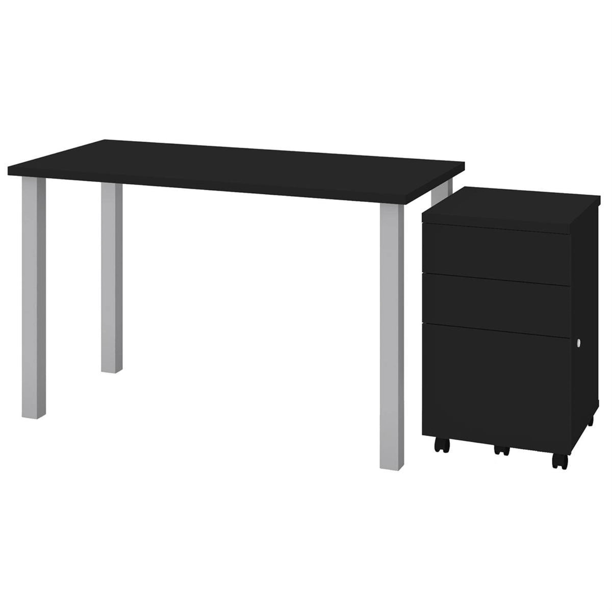 2 Piece Table with Square Metal Legs and Assembled Mobile Filing Cabinet in Black I66249