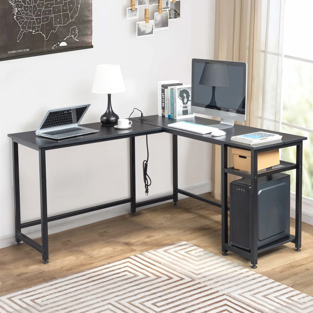 Black L-Shaped Computer Desk with USB Charging Station I346