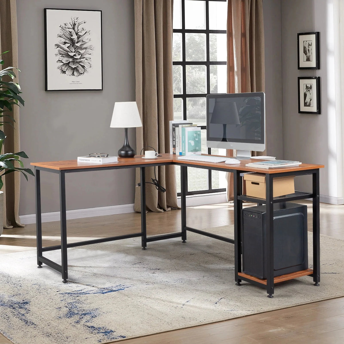 Black L-Shaped Computer Desk with USB Charging Station I346