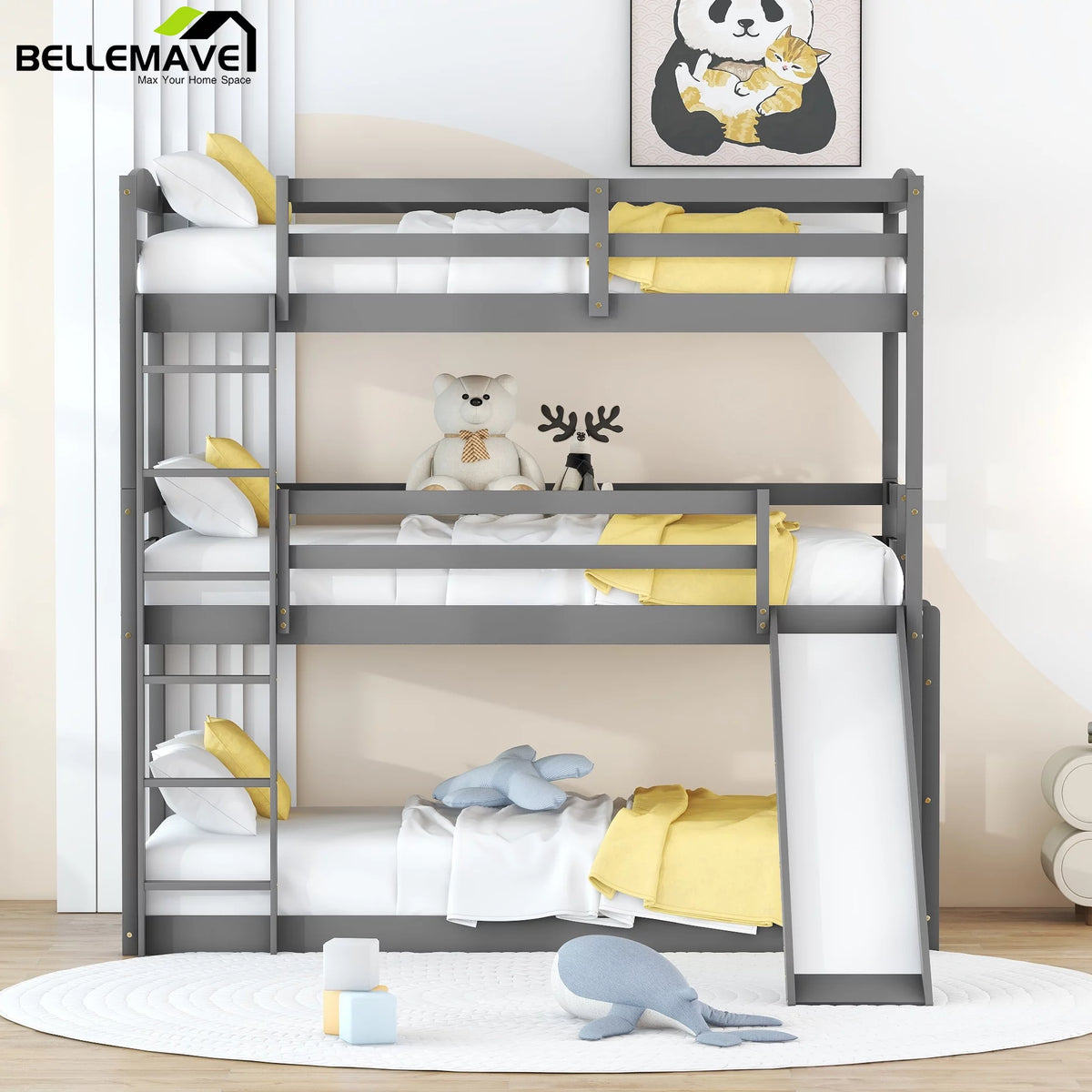 Twin Size Triple Bunk Bed with Slide and Ladders R701543